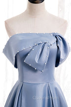 Blue Satin Long Evening Prom Dress with Pearls, Blue A-Line Strapless Party Dress