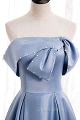 Blue Satin Long Evening Prom Dress with Pearls, Blue A-Line Strapless Party Dress