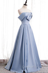 Blue Satin Long Evening Prom Dress with Pearls, Blue A-Line Strapless Party Dress