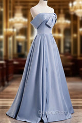 Blue Satin Long Evening Prom Dress with Pearls, Blue A-Line Strapless Party Dress
