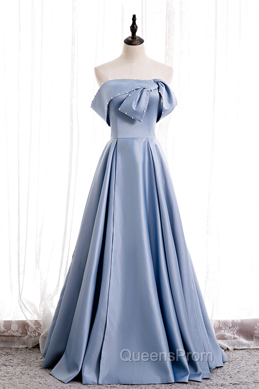 Blue Satin Long Evening Prom Dress with Pearls, Blue A-Line Strapless Party Dress Main image