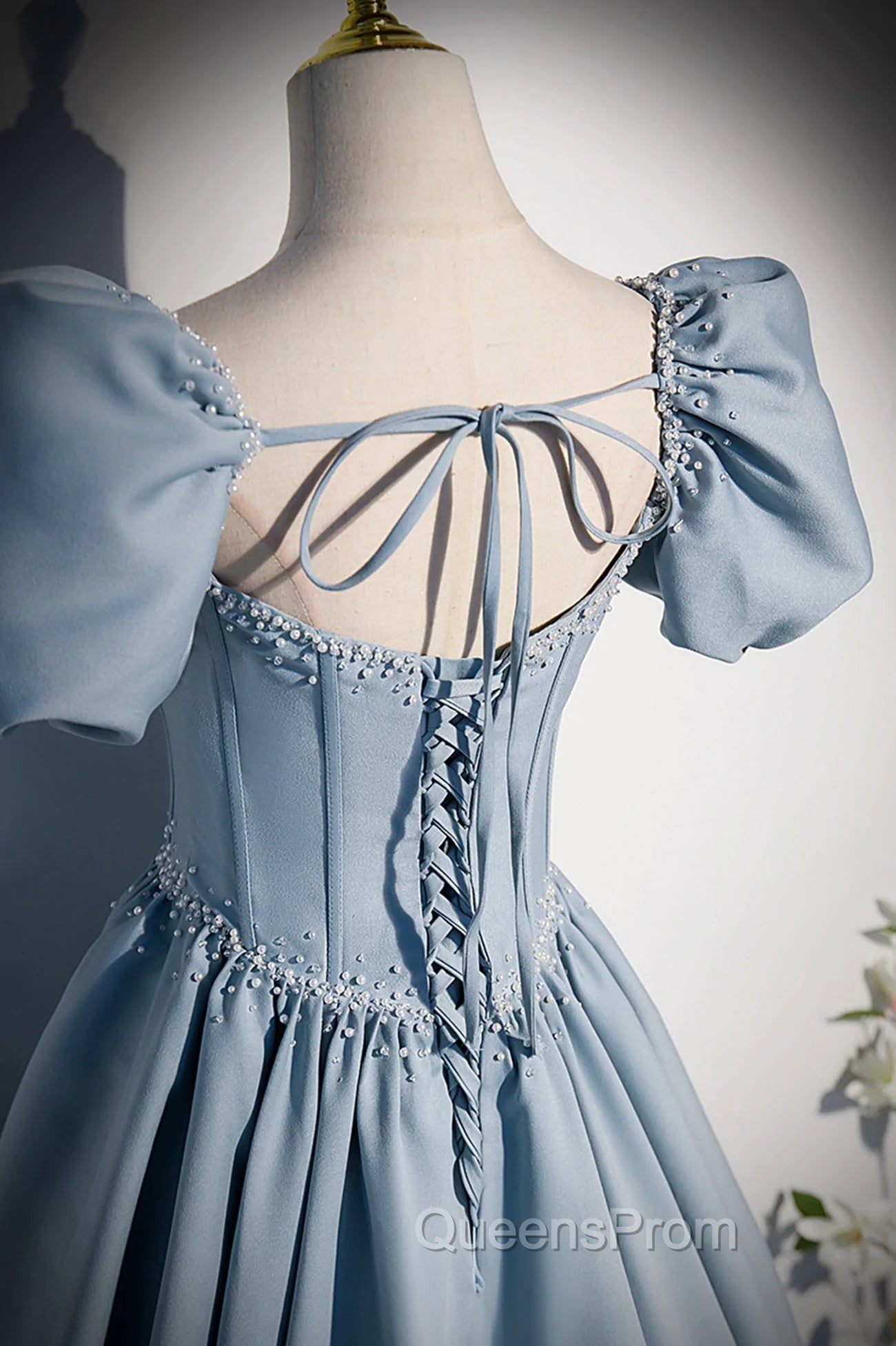Blue Satin Long Evening Prom Dress with Pearls, Blue Short Sleeves A-line Evening Dress