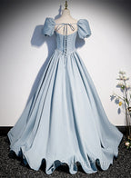 Blue Satin Long Evening Prom Dress with Pearls, Blue Short Sleeves A-line Evening Dress