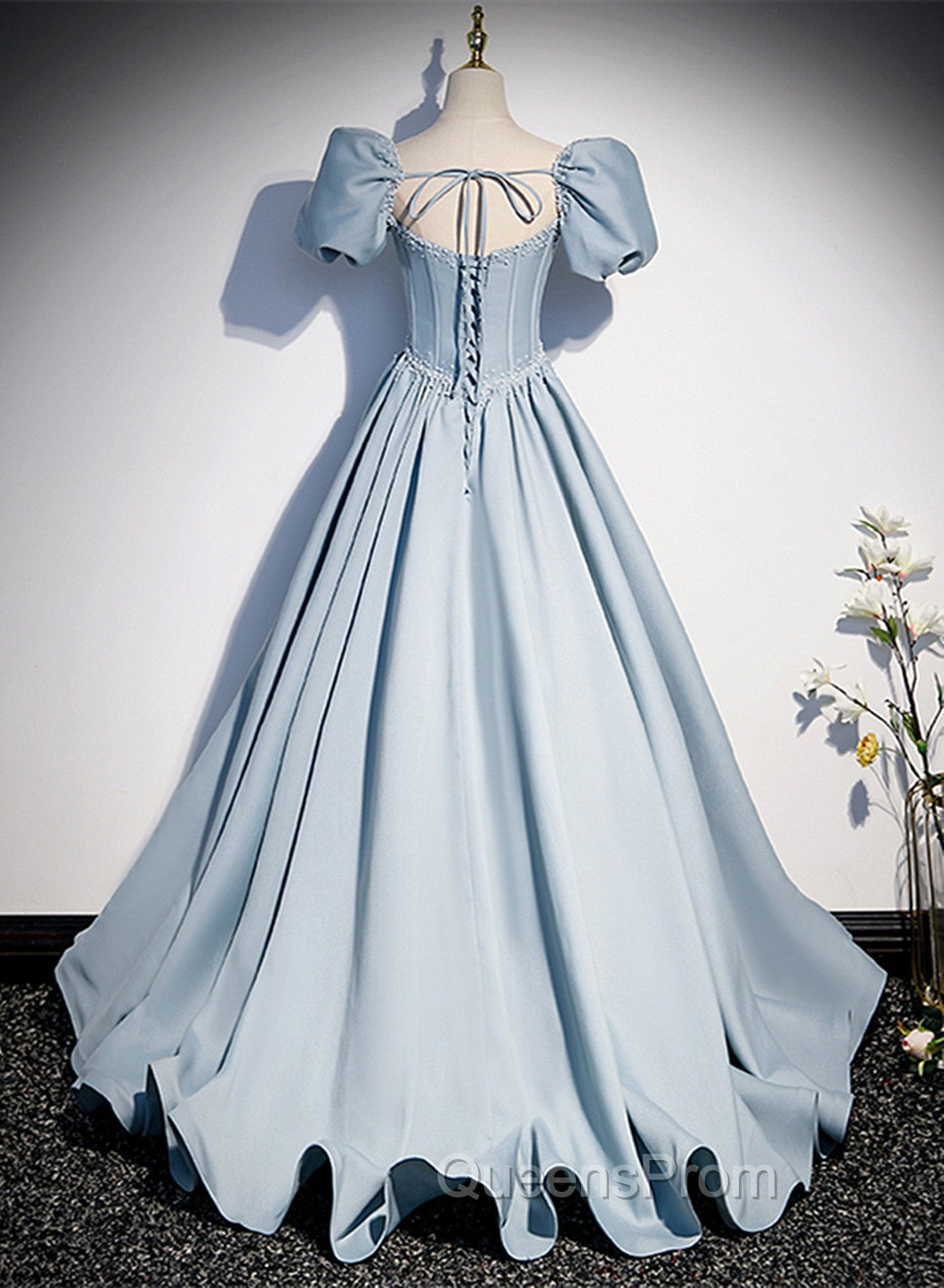 Blue Satin Long Evening Prom Dress with Pearls, Blue Short Sleeves A-line Evening Dress