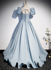 Blue Satin Long Evening Prom Dress with Pearls, Blue Short Sleeves A-line Evening Dress