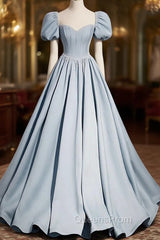 Blue Satin Long Evening Prom Dress with Pearls, Blue Short Sleeves A-line Evening Dress