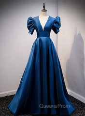 Blue Satin Long Evening Prom Dress with Short Sleeves, Blue Evening Dress