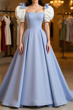 Blue Satin Long Evening Prom Dress, Blue Formal Graduation Dress