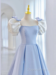 Blue Satin Long Evening Prom Dress, Blue Formal Graduation Dress