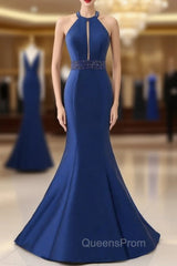 Blue Satin Mermaid Halter Cut Out Backless Long Evening Prom Dress