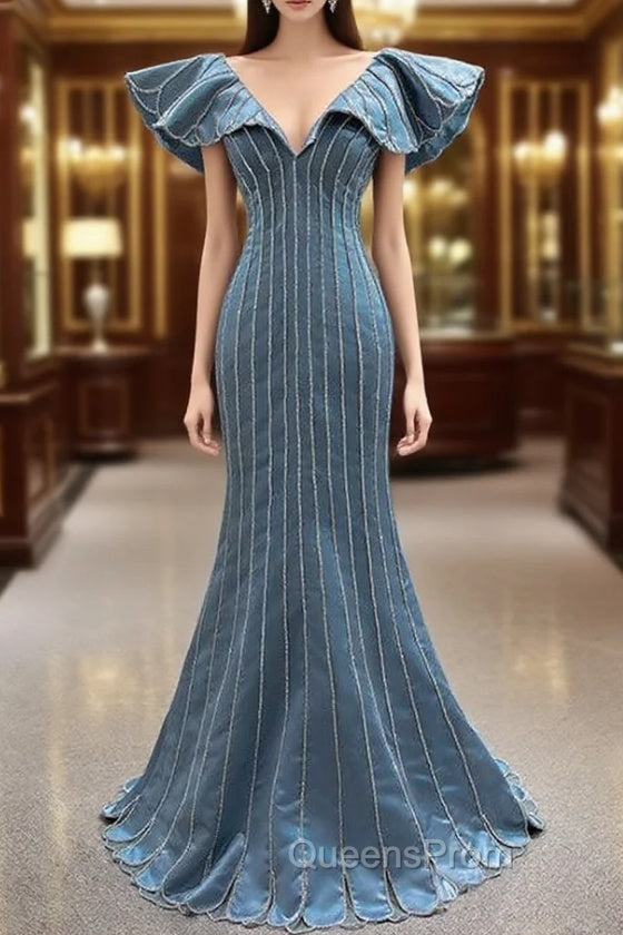 Blue Satin Mermaid V-neck Beading Evening Prom Dress