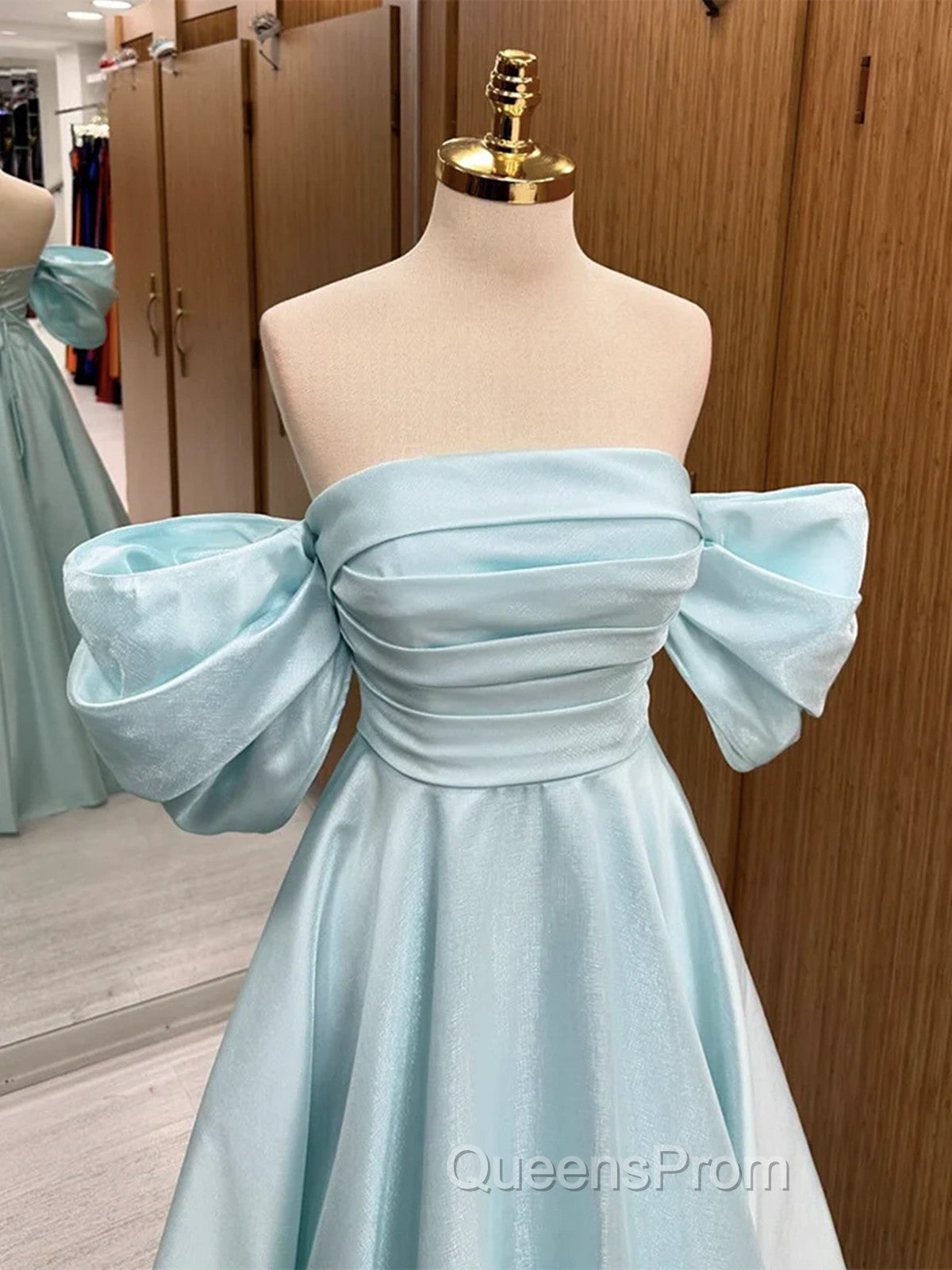 Blue Satin Off Shoulder Long Party Dress, A-line Blue Evening Prom Dress