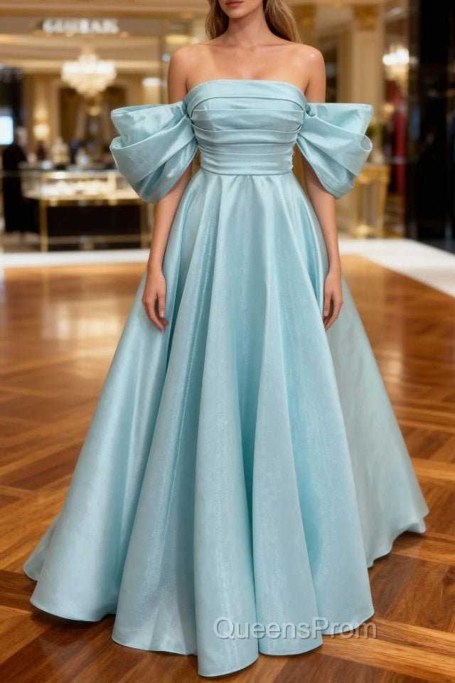 Blue Satin Off Shoulder Long Party Dress, A-line Blue Evening Prom Dress Main image