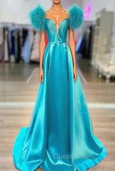 Blue Satin Off the Shoulder Feather Evening Prom Dress