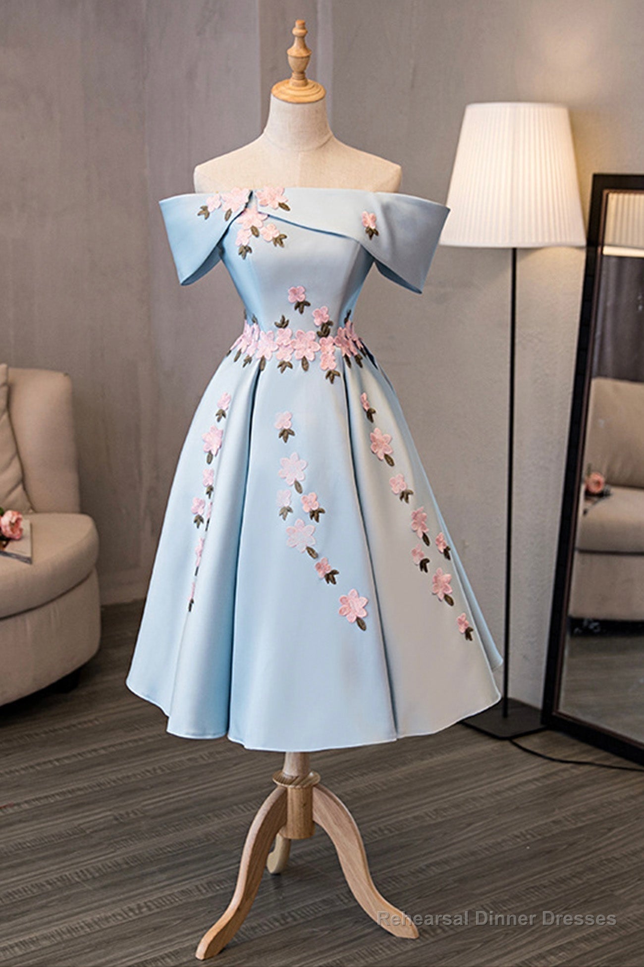 Blue Satin Off the Shoulder Prom Dresses,A-Line Homecoming Dress Secondary image