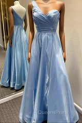 Blue Satin One Shoulder Pleats Evening Prom Dress