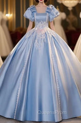 Blue Satin Puff Sleeve Appliques Quinceanera Dress