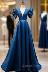 Blue Satin Puff Sleeve Backless Evening Prom Dress