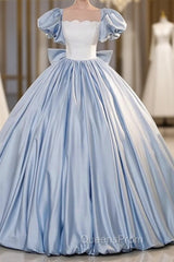 Blue Satin Puff Sleeve Bow Quinceanera Dress