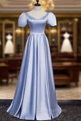 Blue Satin Puff Sleeve Pearls Beading Evening Prom Dress