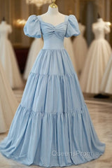 Blue Satin Puff Sleeve Pleats Evening Prom Dress
