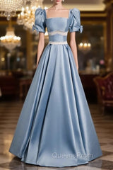 Blue Satin Puff Sleeve Square Beading Evening Prom Dress