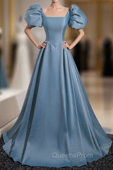 Blue Satin Puff Sleeve Square Neck Evening Prom Dress