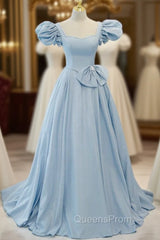 Blue Satin Puff Sleeve Square Evening Prom Dress
