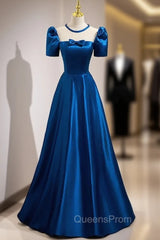 Blue Satin See Through Neck Short Sleeve Evening Prom Dress