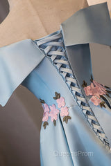 Blue Satin Short Party Dress With Flowers, Blue Knee Length Homecoming Dress