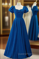 Blue Satin Short Sleeve Pleats Evening Prom Dress