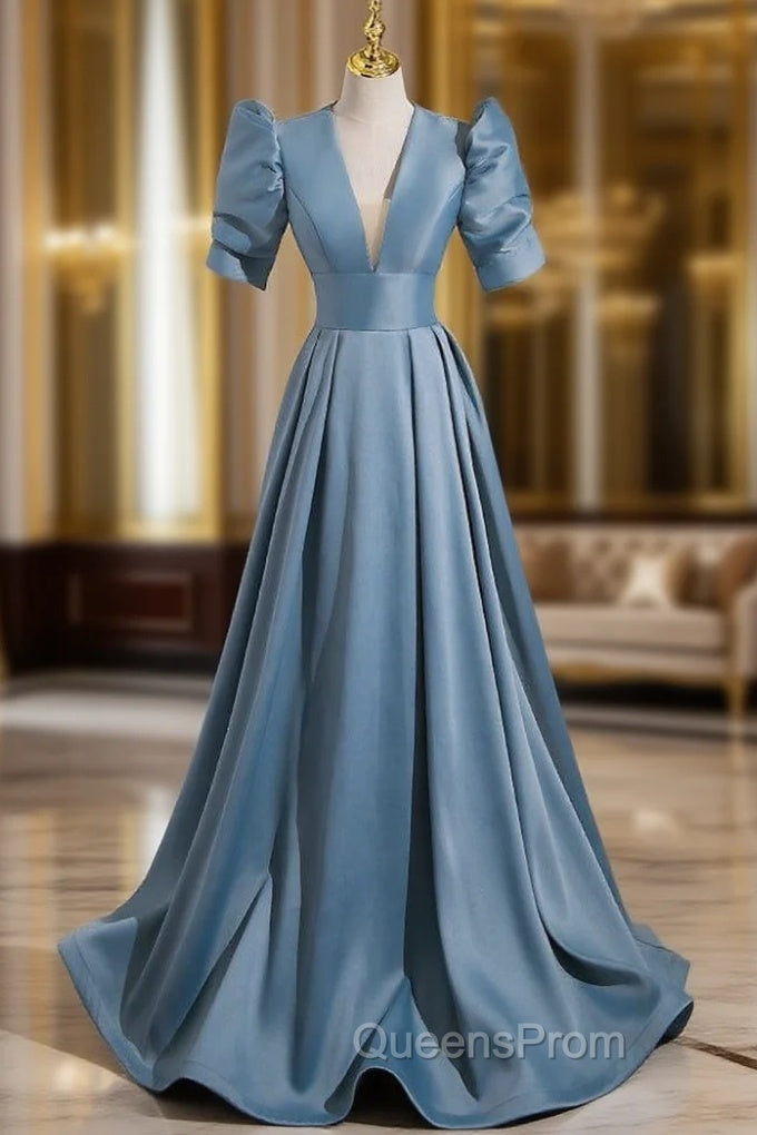 Blue Satin Short Sleeve V-neck Backless Evening Prom Dress