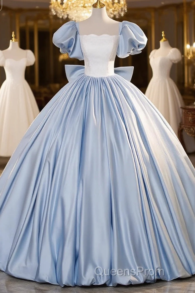 Blue Satin Short Sleeves Long Formal Dress, Blue Satin Sweet 16 Dress Main image
