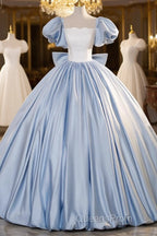 Blue Satin Short Sleeves Long Formal Dress, Blue Satin Sweet 16 Dress