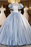 Blue Satin Short Sleeves Long Formal Dress, Blue Satin Sweet 16 Dress