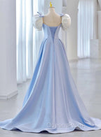 Blue Satin Short Sleeves with Bow Lace-up Party Dress, Blue Evening Prom Dress