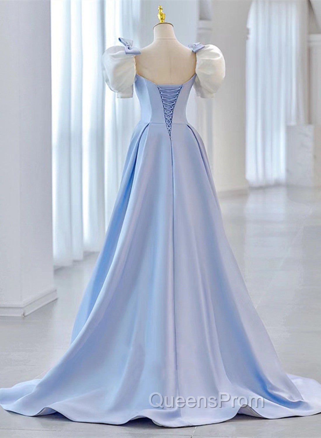 Blue Satin Short Sleeves with Bow Lace-up Party Dress, Blue Evening Prom Dress