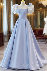 Blue Satin Short Sleeves with Bow Lace-up Party Dress, Blue Evening Prom Dress