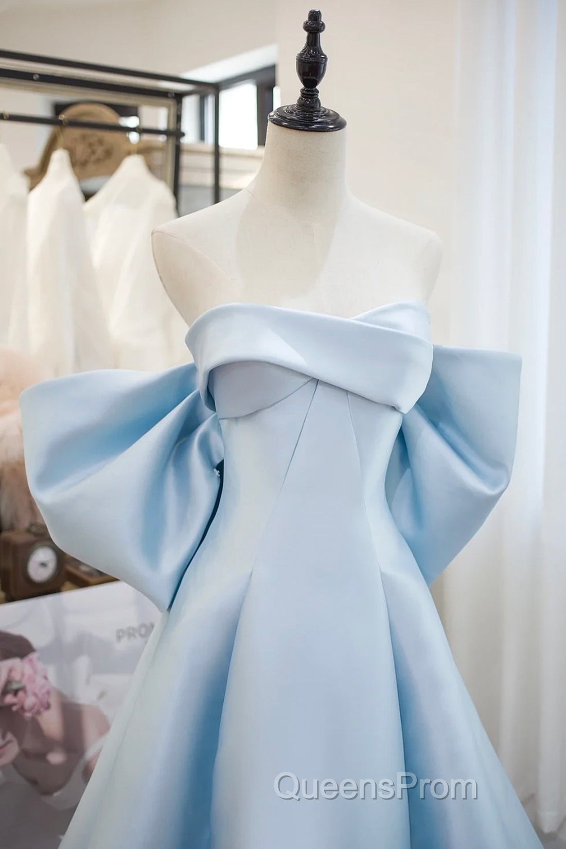 Blue Satin Spaghetti Strap Long Evening Prom Dress With Big Bow, Blue A-Line Evening Party Dress Secondary image