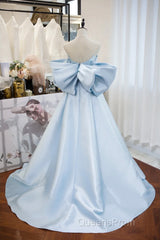 Blue Satin Spaghetti Strap Long Evening Prom Dress With Big Bow, Blue A-Line Evening Party Dress
