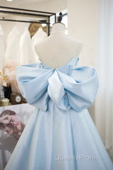 Blue Satin Spaghetti Strap Long Evening Prom Dress With Big Bow, Blue A-Line Evening Party Dress