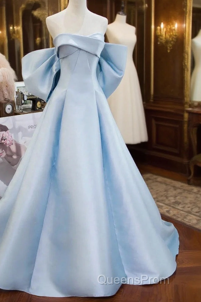 Blue Satin Spaghetti Strap Long Evening Prom Dress With Big Bow, Blue A-Line Evening Party Dress Main image