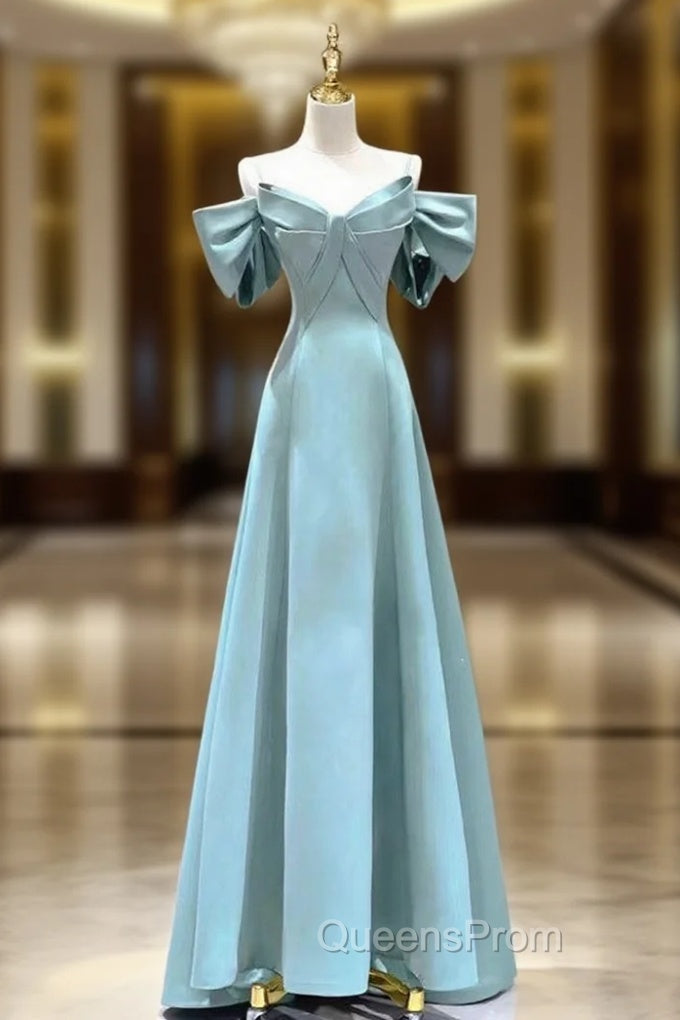 Blue Satin Spaghetti Straps Bow Evening Prom Dress Main image