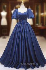 Blue Satin Square Neck Puff Sleeve Pleats Evening Prom Dress