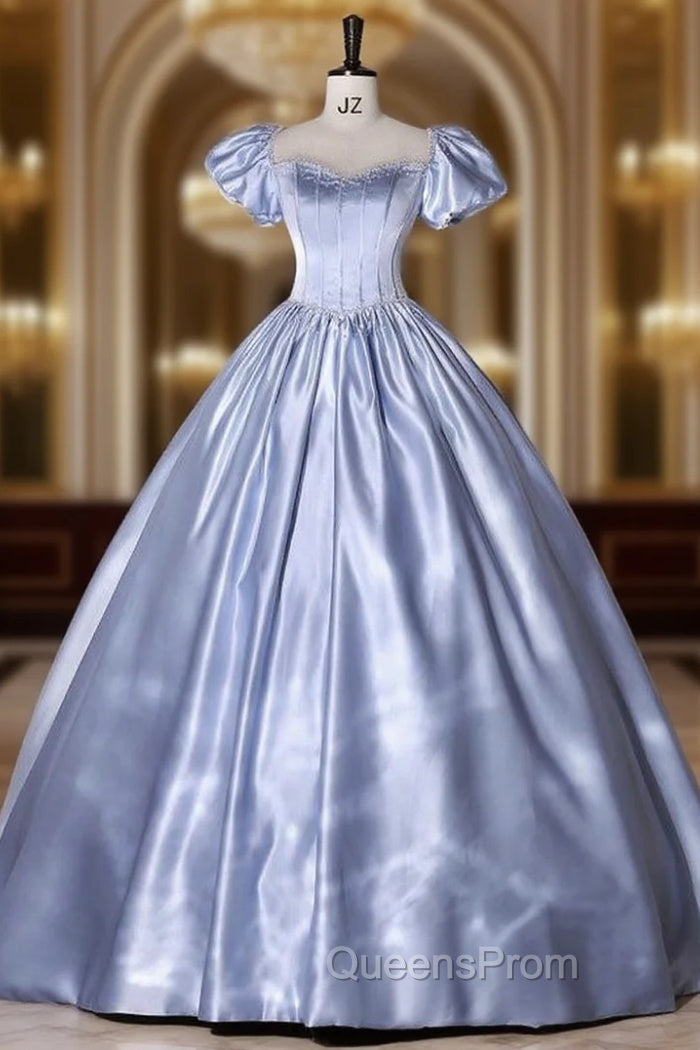 Blue Satin Square Puff Sleeve Beading Quinceanera Dress