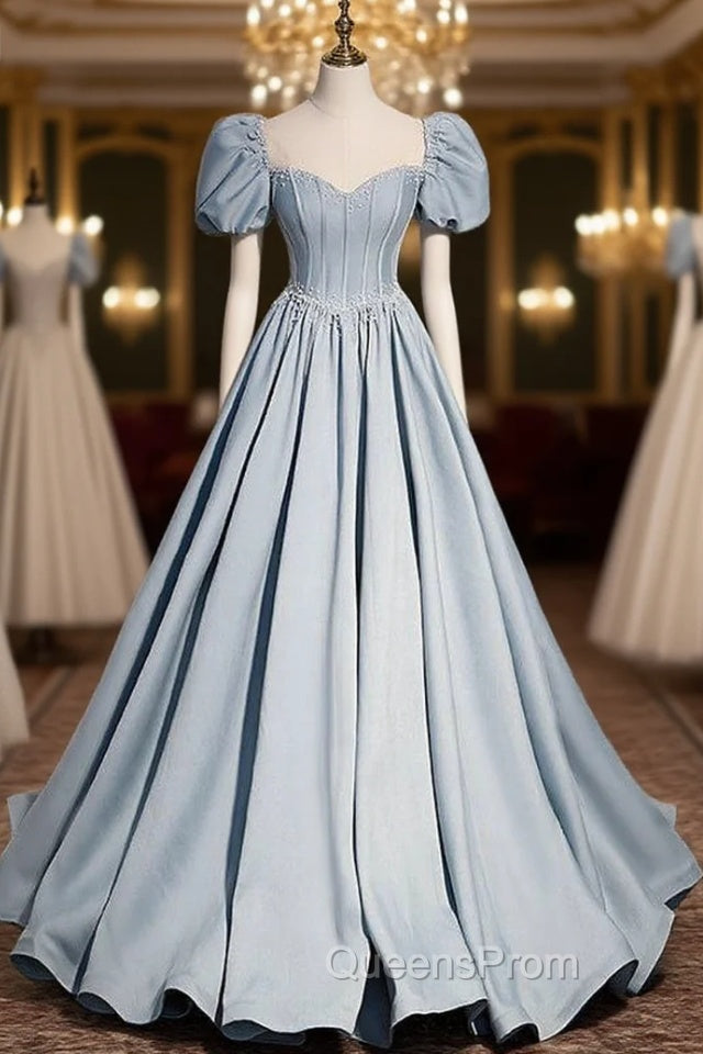 Blue Satin Square Puff Sleeve Pearls Evening Prom Dress