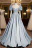 Blue Satin Square Puff Sleeve Pearls Evening Prom Dress