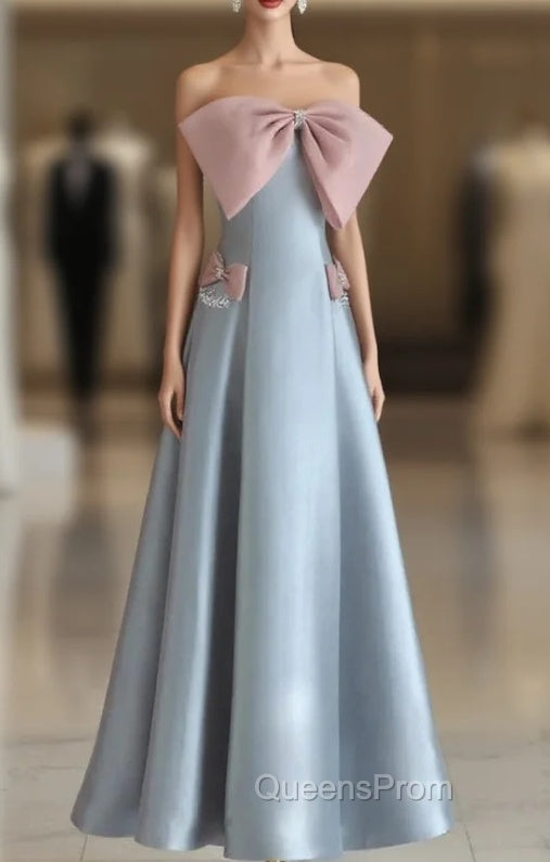 Blue Satin Straples Pink Bow Evening Prom Dress Main image