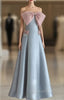 Blue Satin Straples Pink Bow Evening Prom Dress
