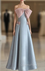 Blue Satin Straples Pink Bow Evening Prom Dress